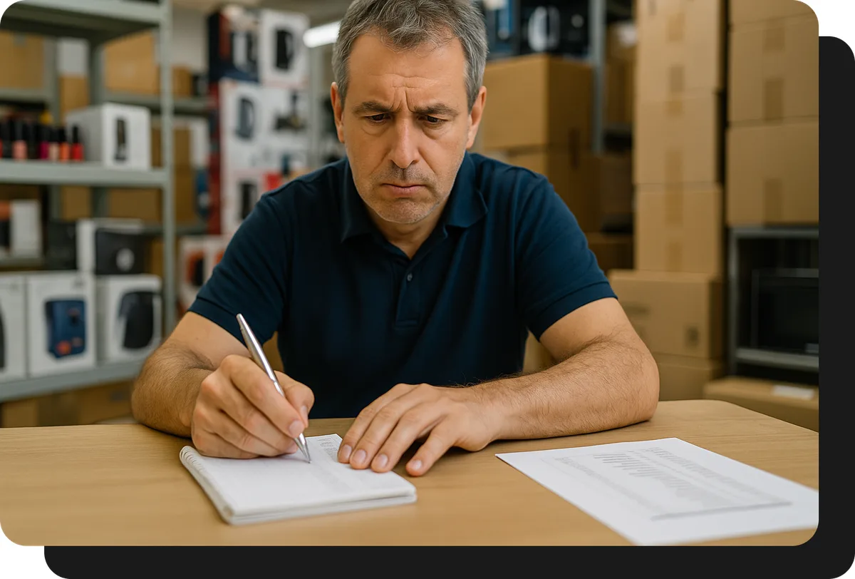 Mayorista de tecnología y electrodomésticos tomando pedido a mano sin ventasxmayor.com.uy