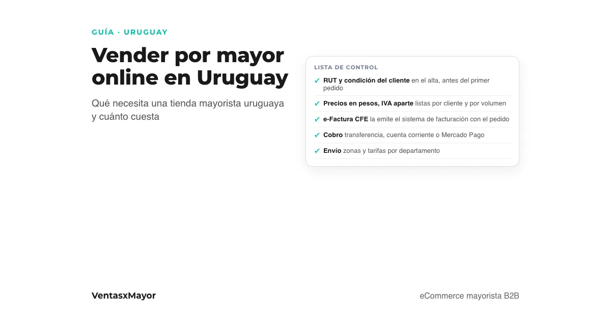 Portada: lista de control de una tienda mayorista en Uruguay: RUT del cliente, precios en pesos con IVA aparte, e-Factura, cobro y envío por departamento
