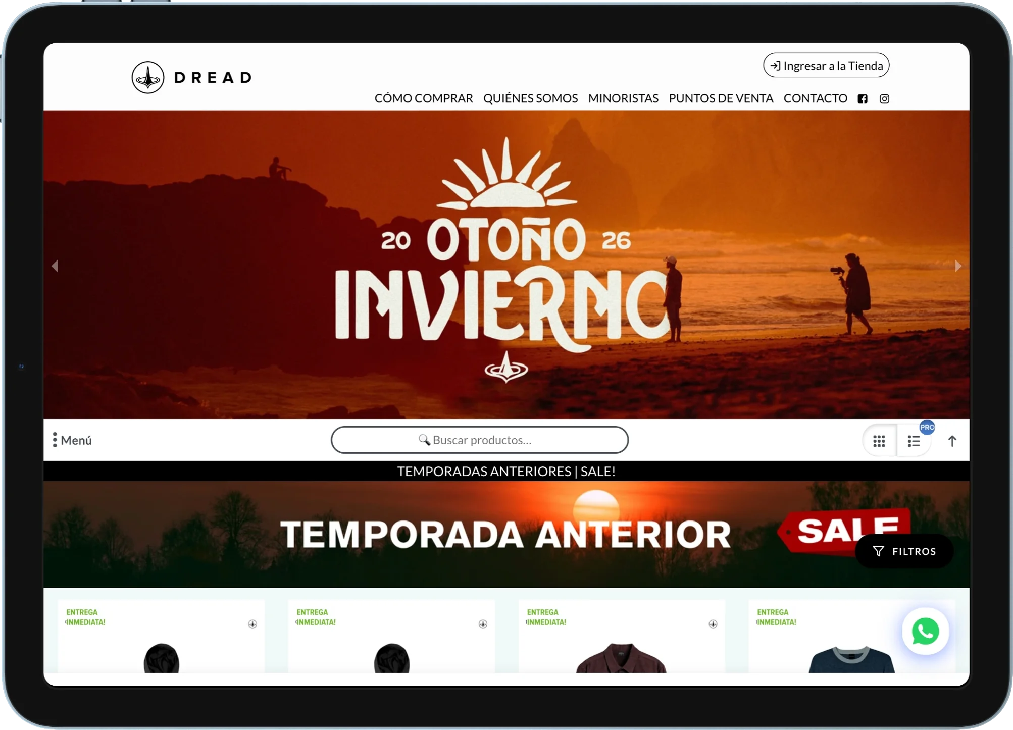 Tienda mayorista B2B de la marca DREAD creada con VentasxMayor, vista en tablet — catálogo online de indumentaria con colección Otoño Invierno, buscador de productos y entrega inmediata para clientes mayoristas