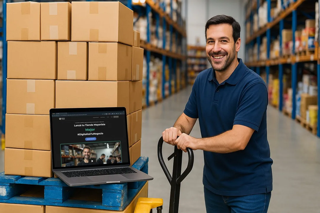 Dueño de un negocio mayorista sonriendo en su depósito junto a un pallet de cajas, con su tienda B2B de VentasxMayor abierta en el laptop