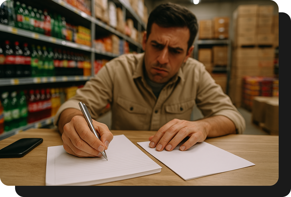 mayorista de alimentos y bebidas tomando pedido a mano sin ventasxmayor.com.uy