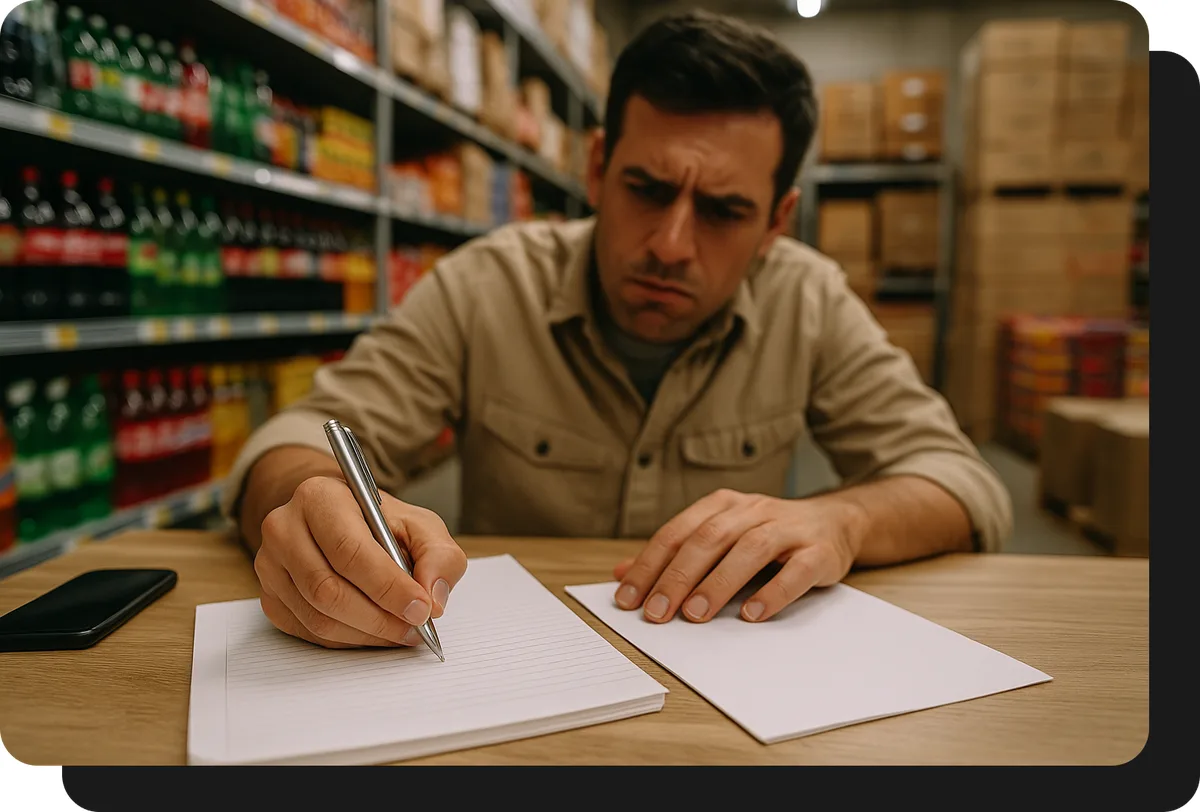 mayorista de alimentos y bebidas tomando pedido a mano sin ventasxmayor.com.uy